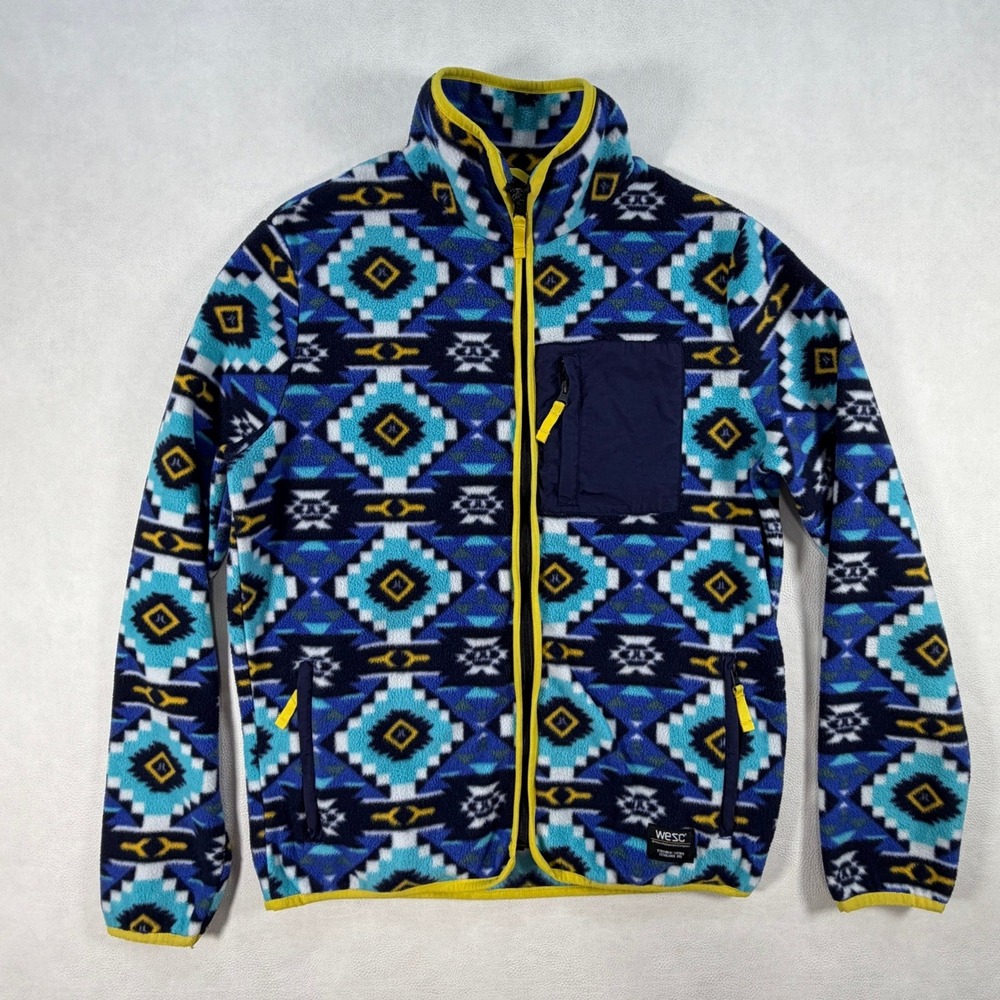 WESC Mens Medium Geometric Fleece Jacket Blue Yellow Aztec Southwestern Zip Up - Picture 4 of 16
